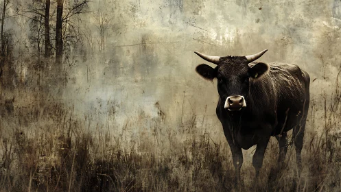 Horned cow stands in misty field under muted golden light.