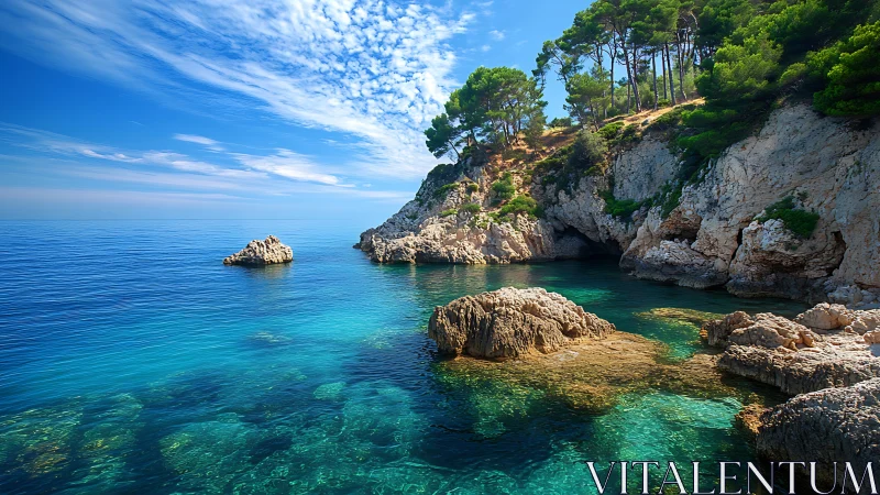 Rocky turquoise cove with clear sea and pine covered cliffs.