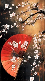 Red folding fan and cherry blossoms occupy a vertical frame