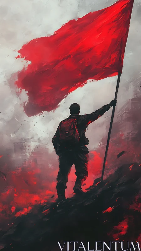 Digital painting of lone protest figure with sweeping red flag.