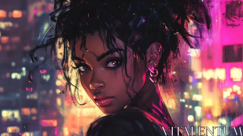 Digital portrait of woman against neon city lights at night.