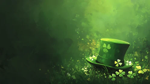 Emerald leprechaun hat resting in shamrock meadow at dusk.