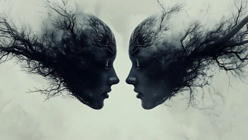 Mirrored human profiles dissolve into branching forest smoke