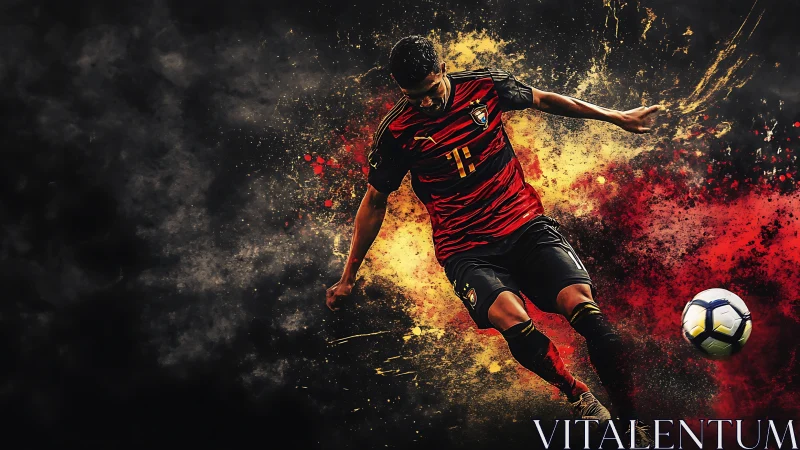 Dynamic football striker rendered in explosive color dispersion