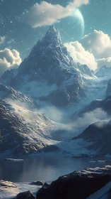 Snow-covered mountain and distant crescent planet above lake.