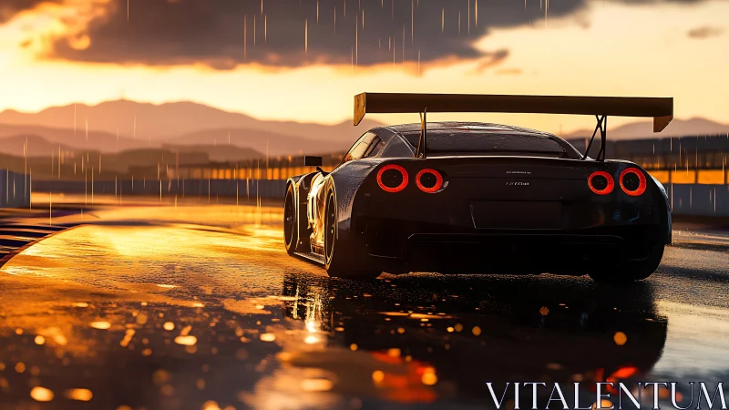 Racing car on wet track under dramatic sunset rain.