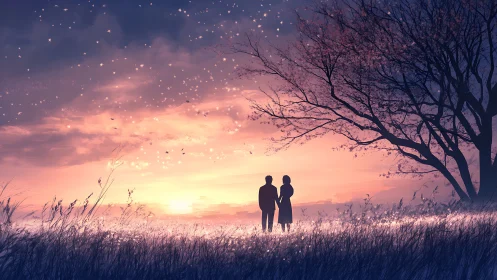 Two figures silhouetted against luminous sunset gradient landscape.