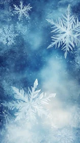 Intricate winter snowflakes on misty blue frosted glass.