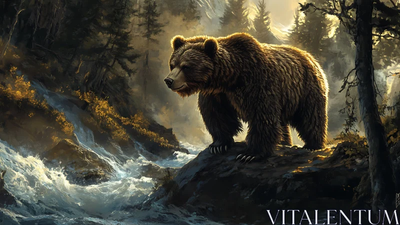 Golden forest bear watching the rushing river below.