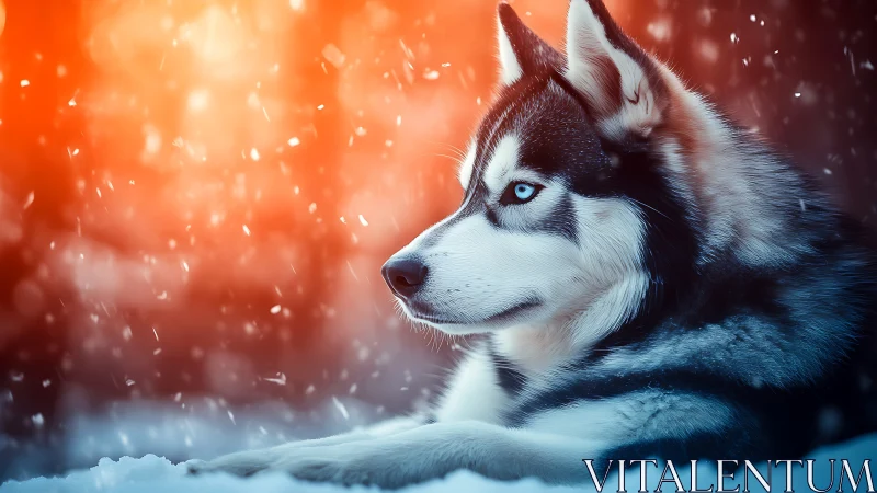 High-contrast husky portrait under snowfall with warm bokeh field