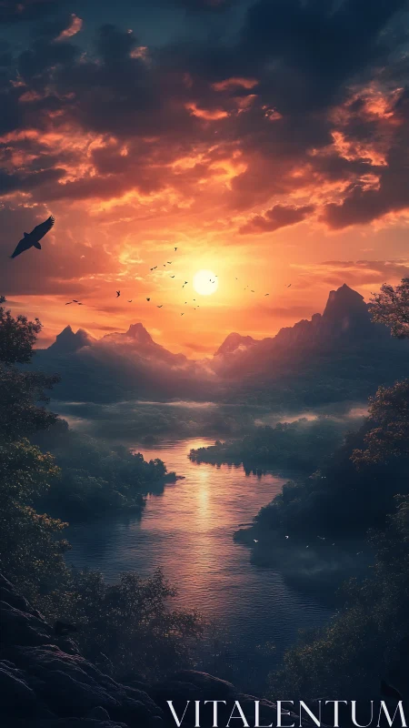 Sunset illuminates river valley between distant mountain peaks