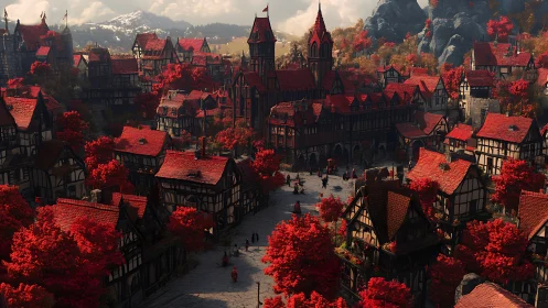 Crimson-roofed fantasy town glows softly in autumn light