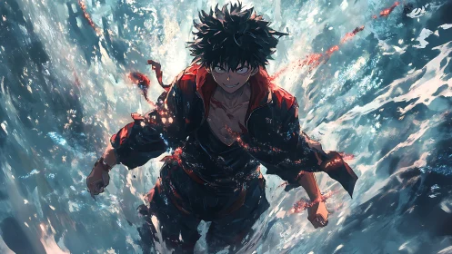 Determined anime fighter rising through swirling water.