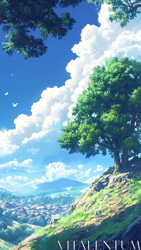 Lone hillside tree overlooks bright valley town under clouds