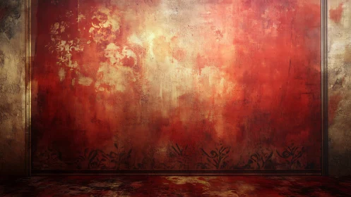Textured crimson wall with ornate vintage border details.
