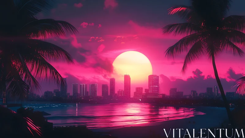 Neon sunset over city skyline and reflective shoreline.