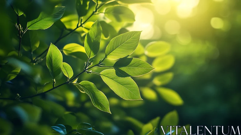 Vibrant Green Leaves in Sunlight, Nature Photography Style.