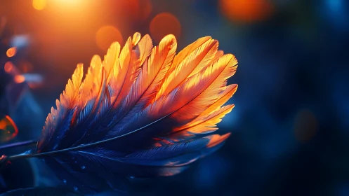 Macro feather closeup in orange rim light against blue bokeh