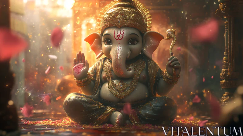 Gentle Ganesha in golden light and dancing flower petals.