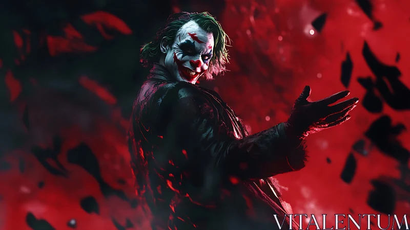 Smirking clown in swirling red chaos welcomes the viewer.