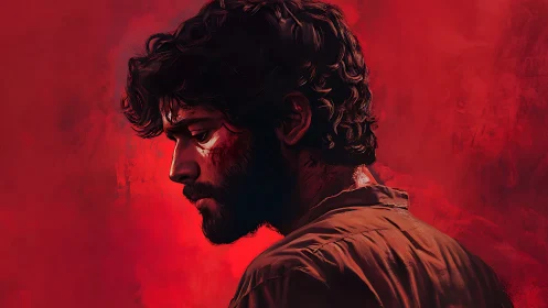 Side profile of male figure against dense red backdrop.