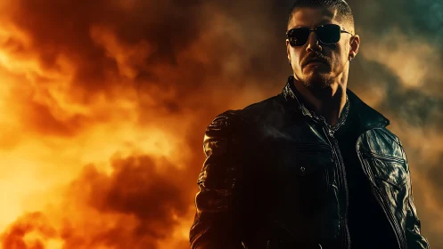 Brooding leather-clad man before fiery cinematic sky.