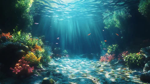 Sunlit coral reef scene renders volumetric underwater caustics