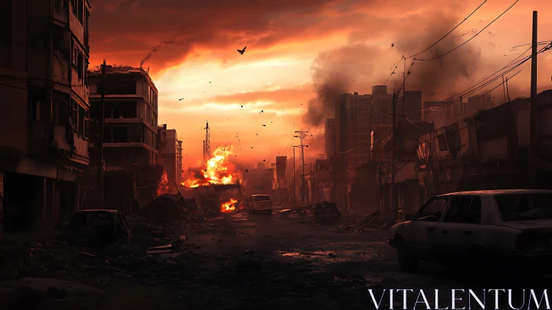 Urban street shows structural damage and fires at dusk