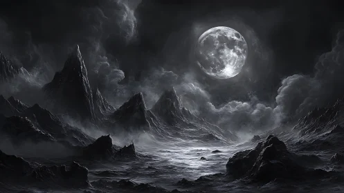 Monochrome lunar wasteland under towering storm peaks.