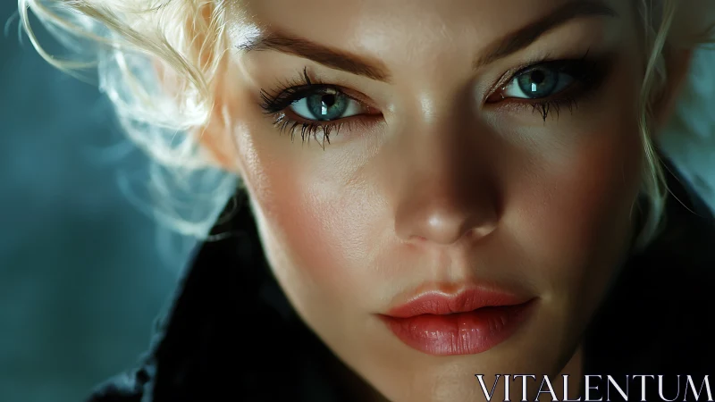 Intense teal-eyed portrait under cinematic soft lighting.