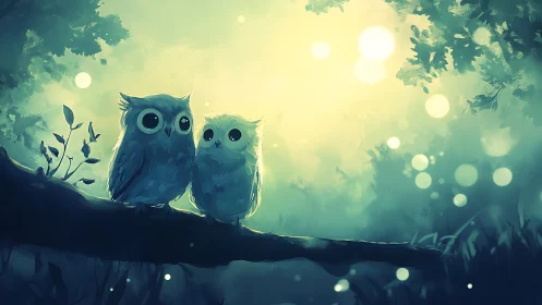 Two adorable owls on a branch in dreamy digital forest art.