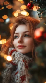 Young woman near illuminated ornaments and evergreen branches