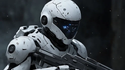 White armored combat robot with rifle in dark setting.