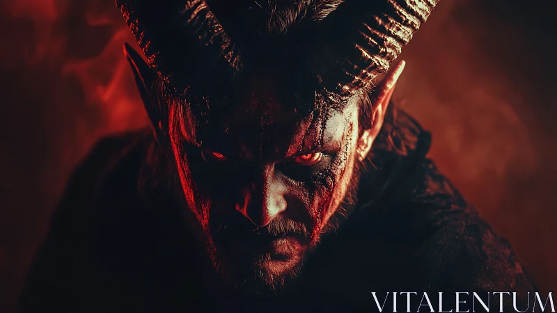 Demonic horned figure glares through hellish red shadows.