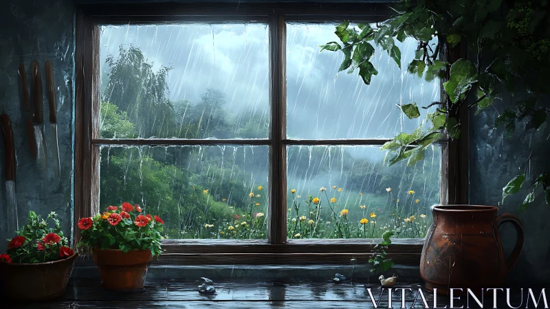 Rainy garden view through rustic window with plants inside.