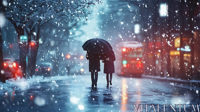 Two Friends Walk Together Through Snowy Urban Evening