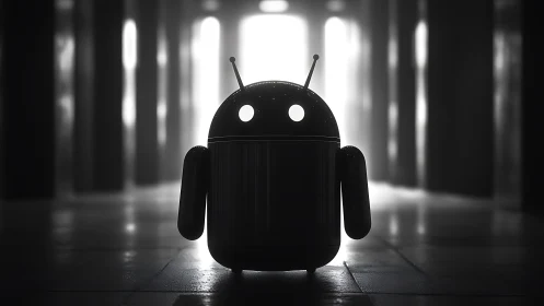 Lonely android mascot stands in glowing futuristic corridor
