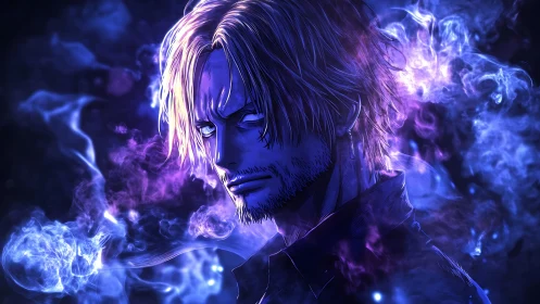 Moody anime rogue wrapped in swirling violet smoke.