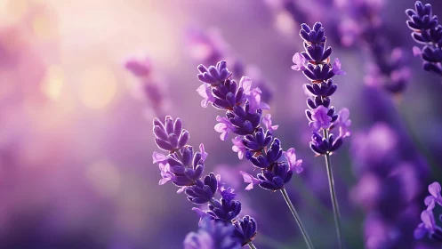 Purple Lavender Blooms in Soft-Focus Sunlit Garden Setting.