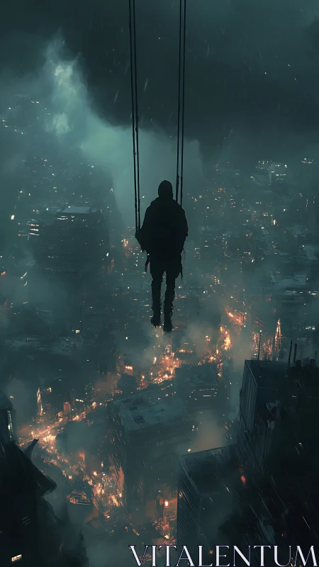 Silhouetted figure on swing above burning night cityscape.