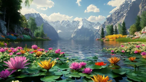 Mountain lake with blooming water lilies and alpine panorama