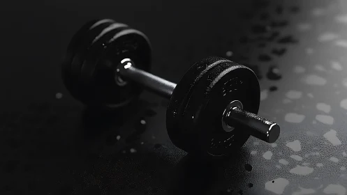 Black steel dumbbell rests on wet textured gym floor.