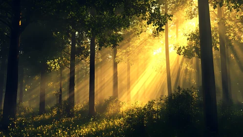 Sunlit forest interior rendered with volumetric god rays