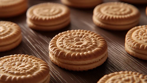 Golden sandwich biscuits gather in a patterned cookie parade
