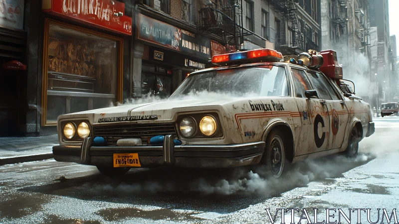 Retro-futuristic police cruiser powers through wet city street.