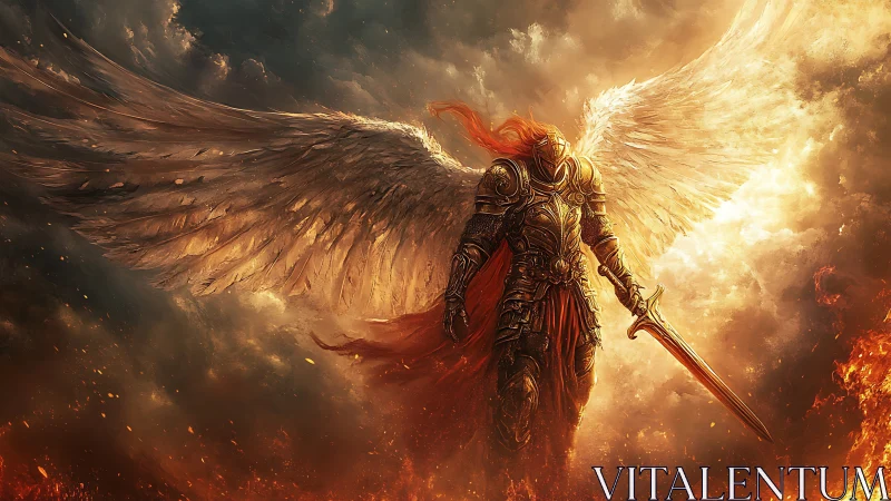Armored winged figure with sword in fiery clouded sky.