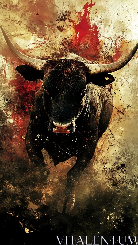 Charging bull erupting through abstract blood and dust storm.