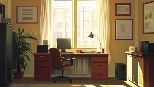 Sunlit workspace shows organized desk and central window