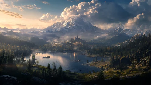 Sunlit mountain kingdom crowned above a tranquil mirror lake.