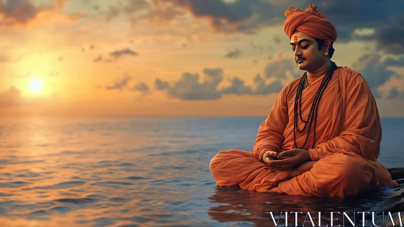 Monk in deep meditation over tranquil golden ocean sunset.